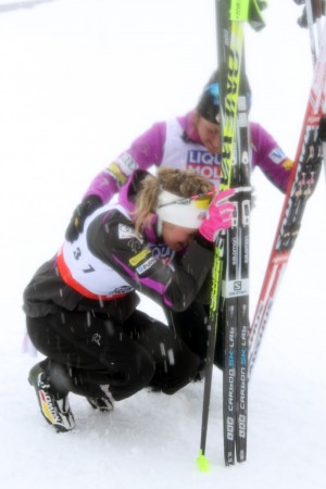 Jessie Diggins (bottom) and Caitlin Gregg after notching silver and bronze, respectively, at 2015 Planet Championships in the 10 k skate. 