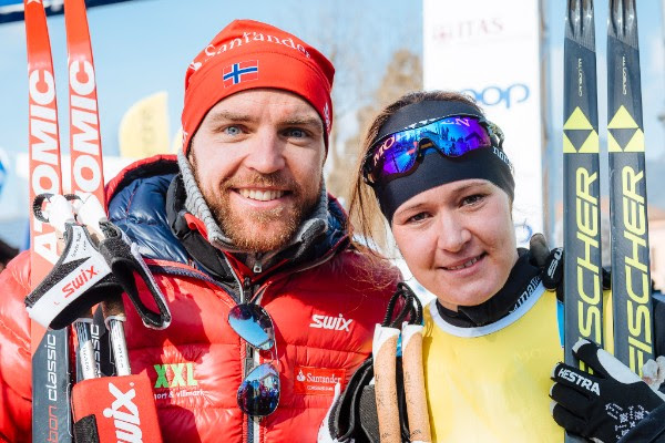 Tord Asle Gjerdalen (l) and Britta Johansson-Norgren (r) after winning the 2016 Marcialonga 70 k classic. In July, Johansson Norgren won the Blink Classics 60 k rollerski race - but received only 20% as much prize money as Petter Northug got for winning the men's race. (Photo: Visma Ski Classics)