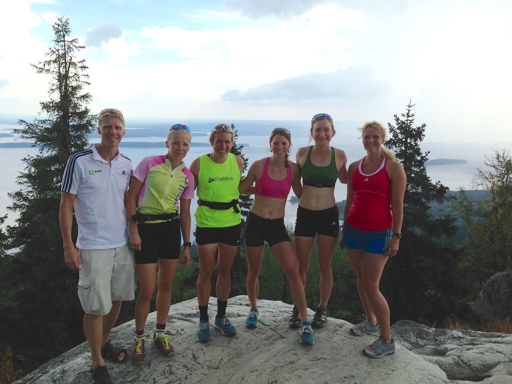 The U.S Biathlon women's staff soon after an uphill interval session up Koli, the highest point in southern Finland, with coach Jonne Kähkönen (l) and his wife (r), who also rollerskied up. (Photograph: Jonne Kähkönen)