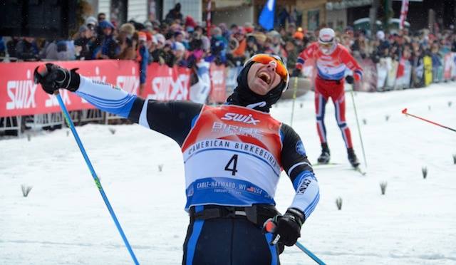 Segio Bonaldi celebrates right after winning in a sprint finish at the 2015 American Berkebeiner. It is Bonaldi's second Birkie title. (Photograph: American Birkebeiner Ski Basis) 