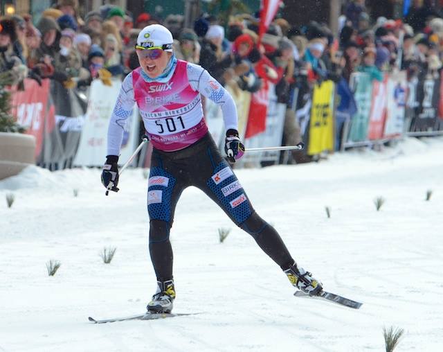 Holly Brooks racing to her second Birkie victory on Saturday in Hayward, Wis., which she won by practically thirty seconds to reclaim the FIS Marathon Cup total lead. (Photograph: Darlene Prois/ABSF)