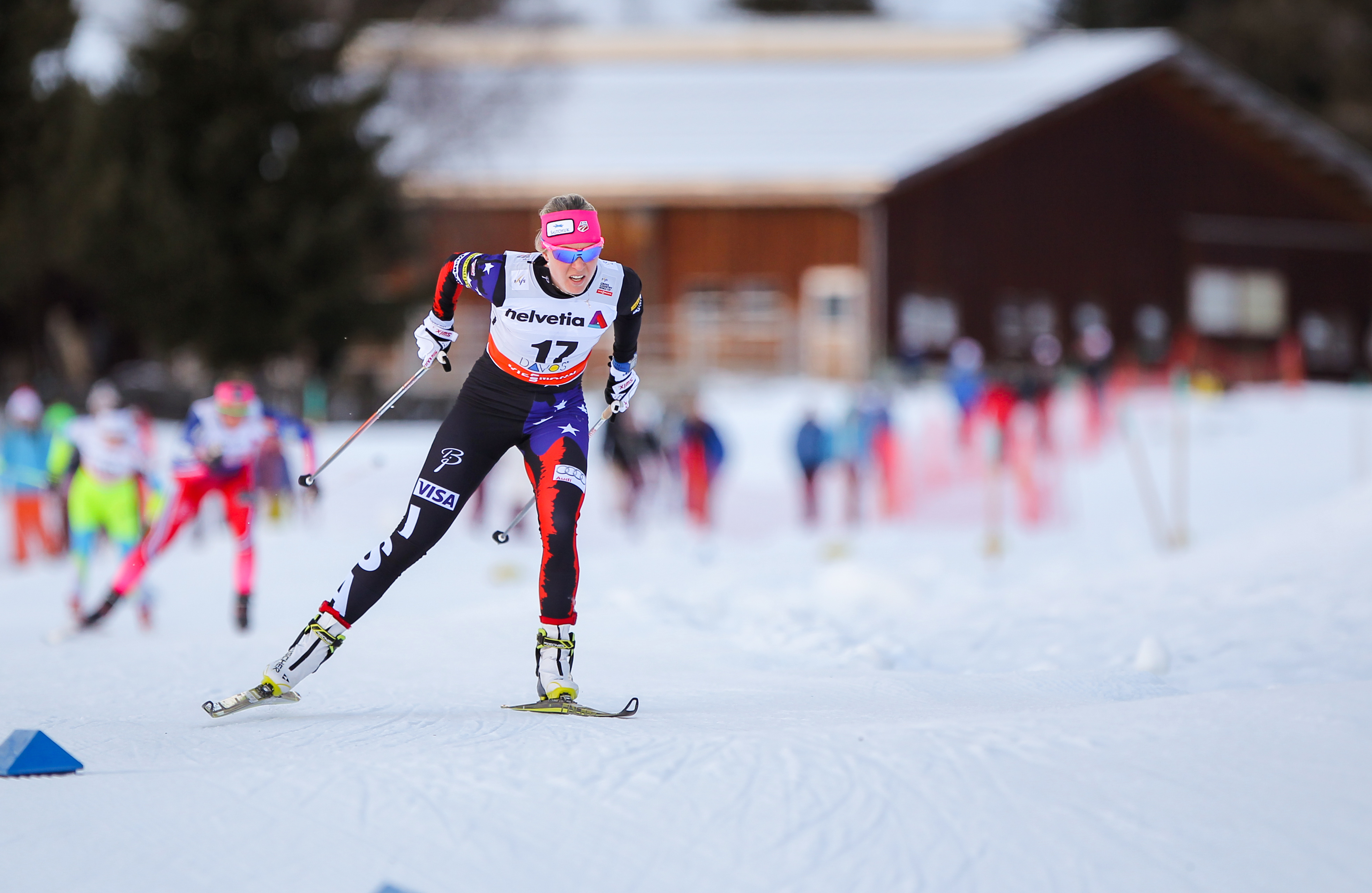 USST's Sadie Bjornsen racing to 29th in the Davos World Cup 10 freestyle, Dec. 20, 2014. (Photo: Fischer/Nordic Emphasis) 