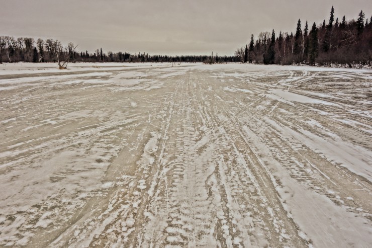 A fairly typical section of the Susitna 100 course. The yellow stuff is solid ice. Photo: Seth Adams