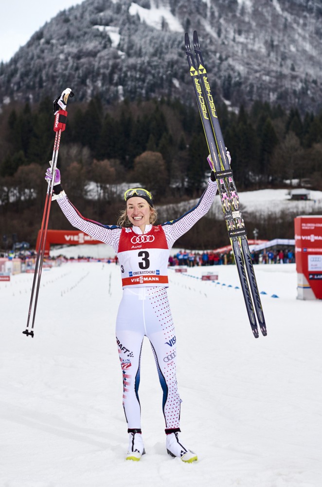 Sophie Caldwell soaks up her very first World Cup win on Tuesday at the Tour de Ski Stage four traditional sprint in Oberstdorf, Germany. (Photo: Fischer/NordicFocus)