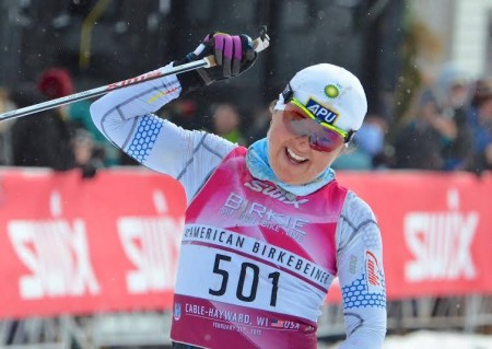 Holly Brooks celebrates after winning her second American Berkebeiner on Saturday in Hayward, Wis. The win place her back in the lead of the general FIS Marathon Cup. (Photo: American Birkebeiner Ski Foundation) 