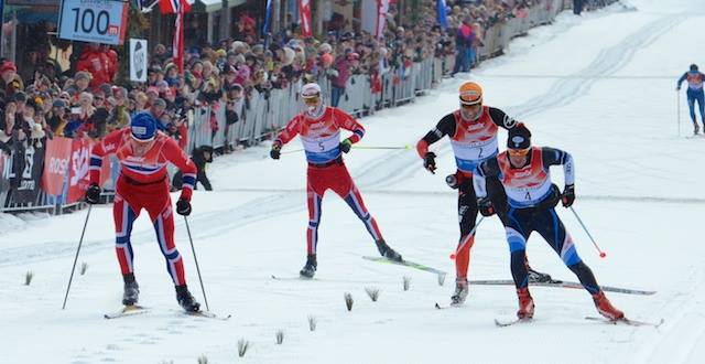 Italy's Segio Bonaldi (r) outlasts three Frenchmen en route to his second American Birkebeiner victory on Saturday in the 42nd yearly Birkie in Hayward, Wis. (Photograph: Darlene Prois/ABSF)