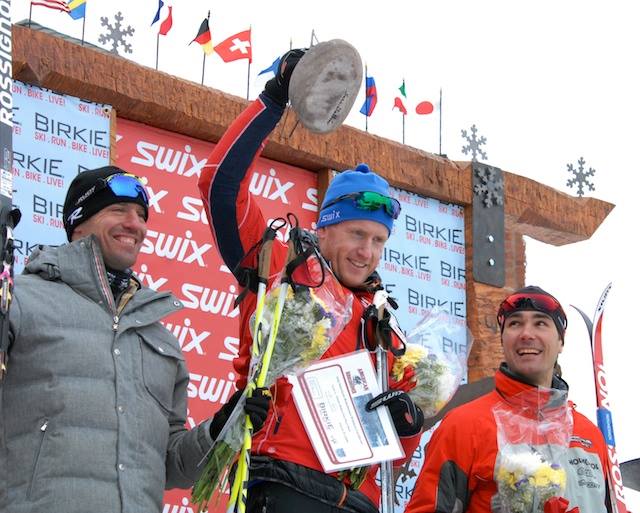 Men's 55 k traditional Birkie winner Ole Christian Mork (c) is with second-spot finisher Torin Koos (l) and Thomas Seidel (r), who placed third. (Photo: ABSF)