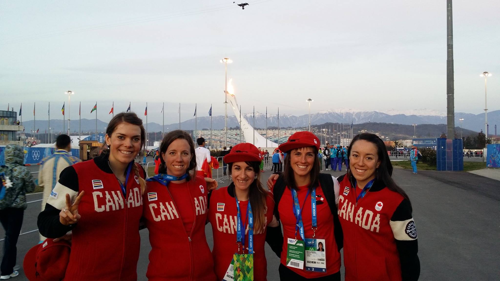 The Canadian women's team before the Closing Ceremony in Sochi, Russia: (from left to right) Heidi Widmer, Perianne Jones, Amanda Ammar, Brittany Webster, Emily Nishikawa (Photo: Emily Nishikawa)