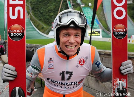 U.S Nordic Combined skier Ben Berend stoked on his jumping in Oberstdorf, Germany. (Photo: FIS/Sandra Volk)