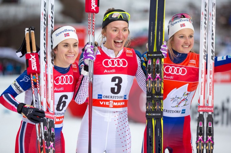 Sophie Caldwell (c) after getting to be the very first U.S. lady to win a World Cup traditional sprint with the other podium finishers, Norway's Heidi Weng (l) in second and Ingvild Flugstad Østberg (r) in third in the 1.2 k classic sprint at Stage 4 of the Tour de Ski in Oberstdorf, Germany. (Photo: Marcel Hilger)