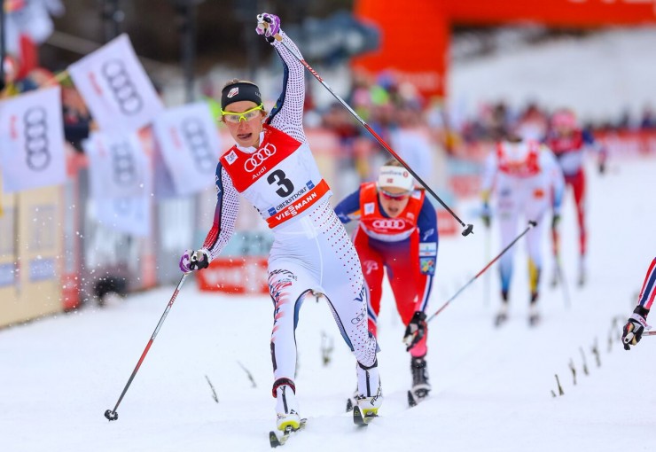 Sophie Caldwell (U.S. Ski Crew) lunges to edge Norway's Heidi Weng (not shown) for the win in the one.2 k traditional sprint last at Stage 4 of the Tour de Ski in Oberstdorf, Germany. (Photo: Marcel Hilger)