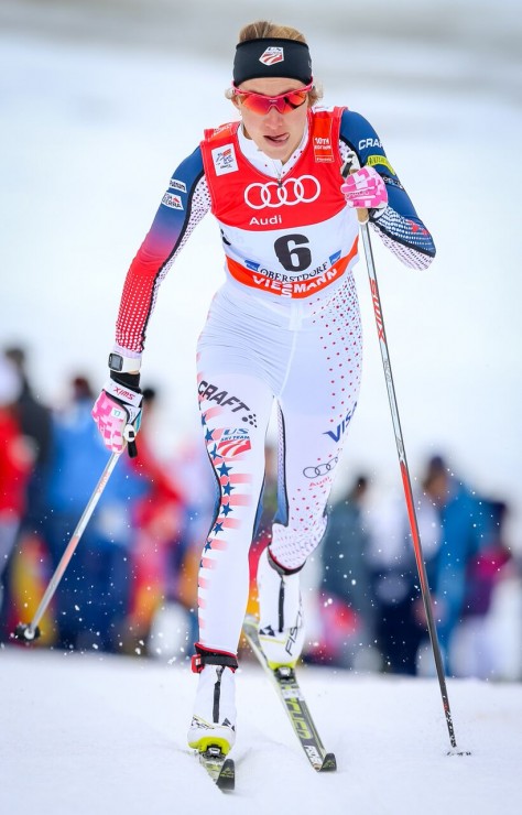 Sophie Caldwell (U.S. Ski Crew) racing to third in the 1.two k traditional sprint qualifier at Stage 4 of the Tour de Ski in Oberstdorf, Germany. She went on to win the final for her initial Globe Cup victory. (Photo: Marcel Hilger)