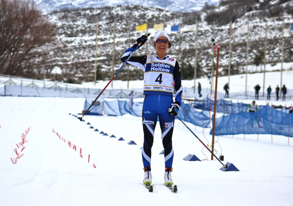 Chelsea Holmes of Alaska Pacific University crosses first in women's 20-kilometer classic mass start on Tuesday at U.S. nationals in Midway, Utah. 