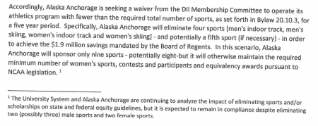 Detail from waiver request by University of Alaska Anchorage (UAA) to NCAA in November 2016. (photo: screenshot from UAA waiver request)