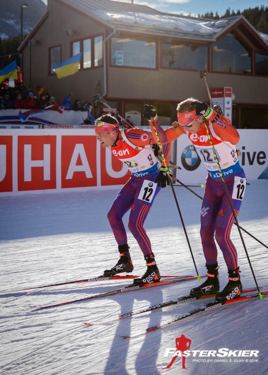 Tim Burke (l) right after tagging teammate Lowell Bailey in fourth, about 36 seconds behind Norway in third, for the duration of the mixed relay at the IBU Globe Cup in Canmore, Alberta. (Photo: Daniel S. Guay)