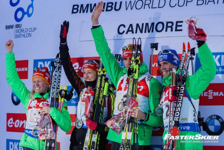 Germany topped the podium with a 1:twelve.9-minute win in the mixed relay on Sunday at the IBU World Cup in Canmore, Alberta, with (from left to correct) Franziska Hildebrand, Franziska Preuss, Arnd Pfeiffer, and Simon Schempp. (Photograph: Daniel S. Guay)