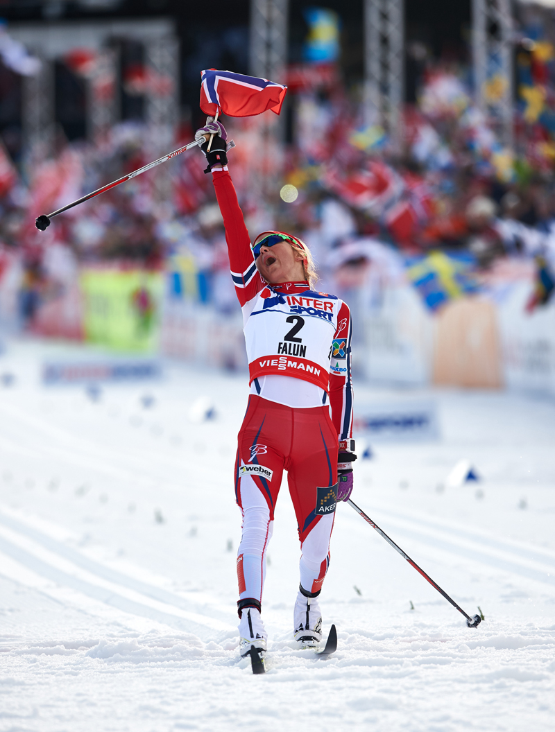 Therese Johaug following winning the 30 k at 2015 Planet Championships in Falun, Sweden. (Photo: Fischer/Nordicfocus.com)