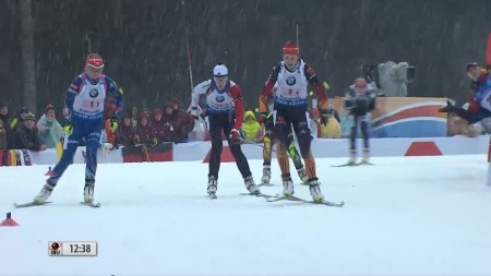 Germany's Franziska Preuss (r) and Eva Puskarcikova of the Czech Republic (l) lead Canada's Megan Heinicke (c) and Belarus's Nadezhda Skardino throughout the 1st leg of the IBU World Cup women's 4 x 6 k relay on Thursday in Ruhpolding, Germany. 