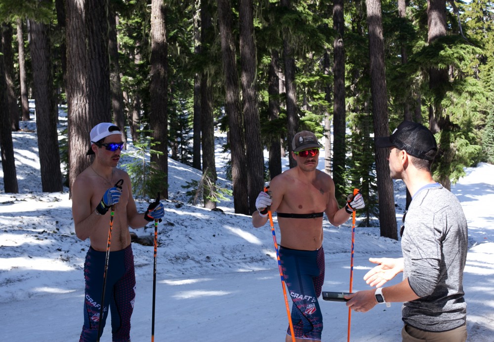 U.S. Ski Team Head Coach Chris Grover (r) discussing classic technique with national-team members Simi Hamilton and Ian Torchia (left) last month at an on-snow camp in Bend, Ore.