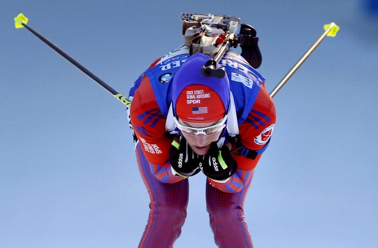 Clare Egan gliding along during the 2015 IBU World Cup season. She finished the year ranked 66th overall. (Photo: USBiathlon/Nordic Focus)