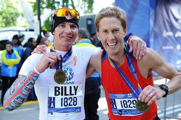 Billy Demong (US Nordic Combined) and good friend Sam Krieg (r) pose following finishing the 2014 NYC Marathon. Demong placed 52nd with a time of 2:33:06. (Photograph: Drea Braxmeier, NYRR) 