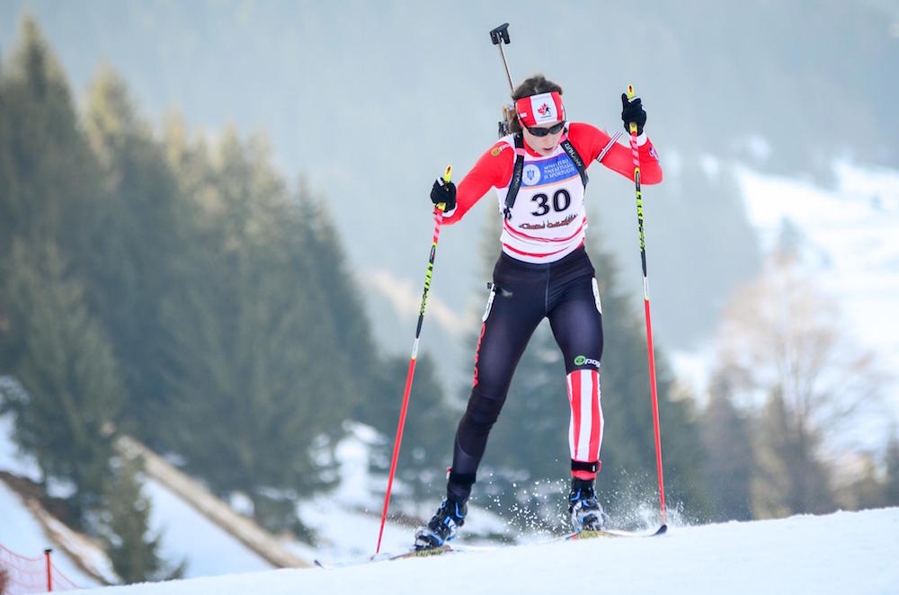 Megan Bankes racing to 26th in the women's 6 k sprint at IBU Youth World Championships in Cheile Gradistei, Romania, in 2016. (Photo: IBU YJWCH Cheile Gradistei 2016/Facebook)