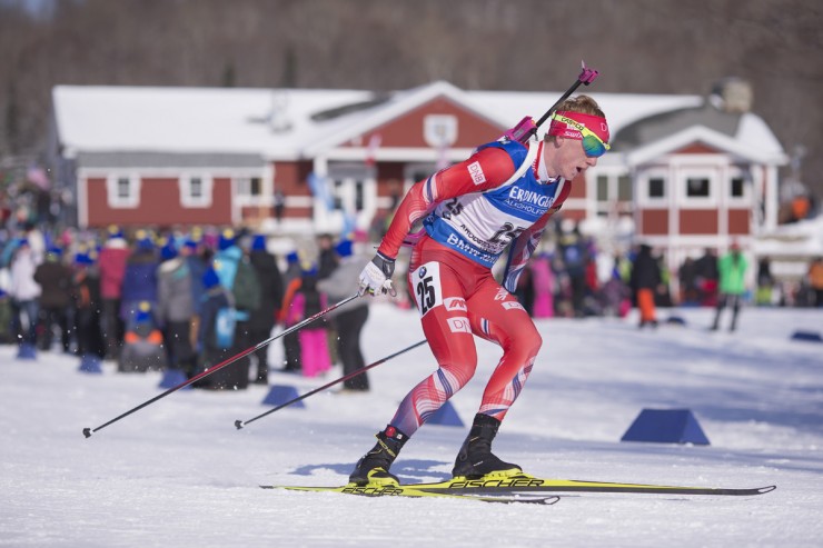 Norway's Johannes Thingnes Boe racing to a 28-second win in the IBU Globe Cup men's ten k sprint on Thursday in Presque Isle, Maine. (Photo: Fischer/NordicFocus)