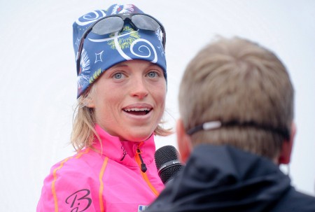 Liz Stephen completes an interview right after winning the 2014 Blink Festival opener by 27 seconds. (Photograph: Skifestivalen Blink) 