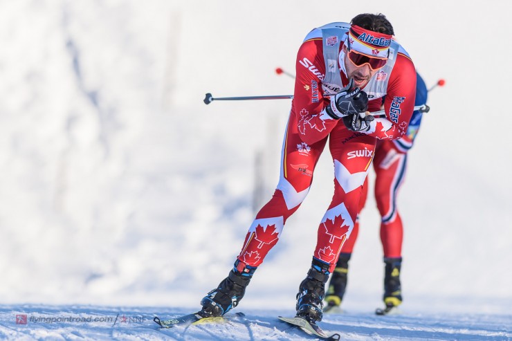 Canada's Alex Harvey leads Norway's Martin Johnsrud Sundby during the men's 15 k freestyle pursuit at Stage 4 of the Ski Tour Canada in Quebec City. Harvey went on to place fourth, 1 second ahead of Sundby in fifth. (Photo: FlyingPointRoad.com/NNF) 