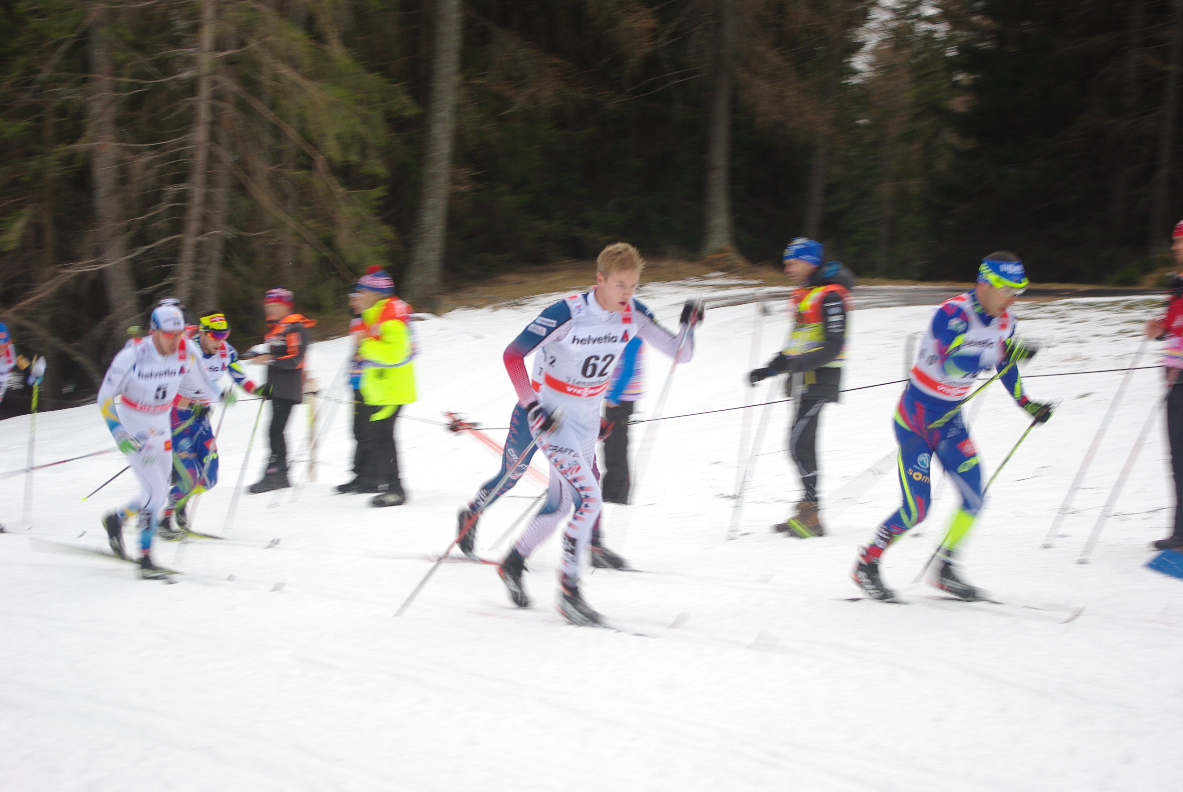 Erik Bjornsen (USA, bib 62) in the mix halfway by means of the men's 30 k in Lenzerheide, Switzerland.