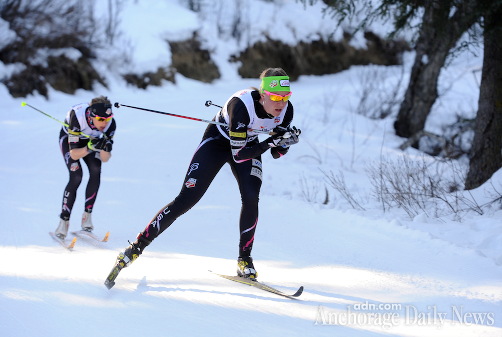 Sadie Bjornsen leads Liz Stephen in 2014 U.S. Distance Nationals thirty k traditional mass start off at Hillside trails in Anchorage, Alaska