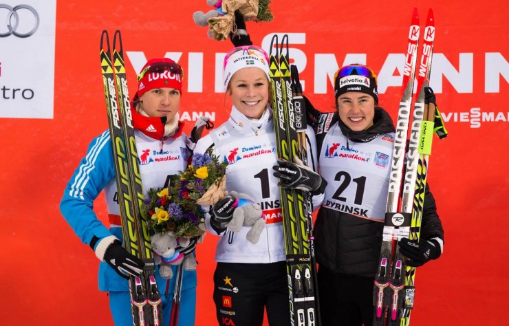 The women's podium (from l-r): Natalia Matveeva (RUS) 2nd, Jennie Öberg (SWE) first, and Laurien van der Graaff (SUI) third.