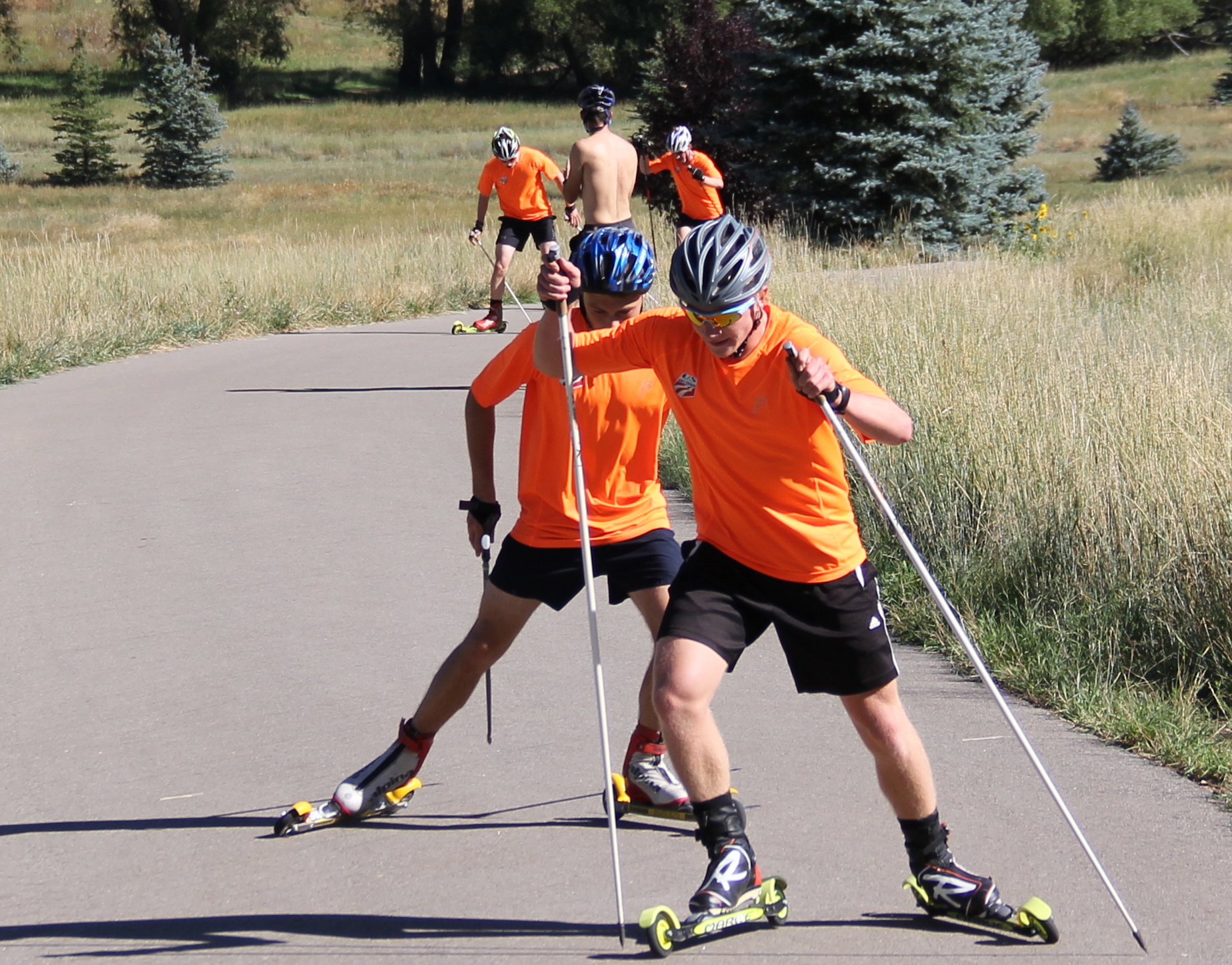 Athletes at the U20 NTG Camp in Park City, Utah rollerski during a latest instruction session. (Photograph: Bryan Fish) 