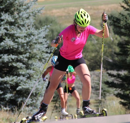 Athletes at the U20 NTG Camp in Park City, Utah rollerski during a recent instruction session. (Photograph: Bryan Fish) 