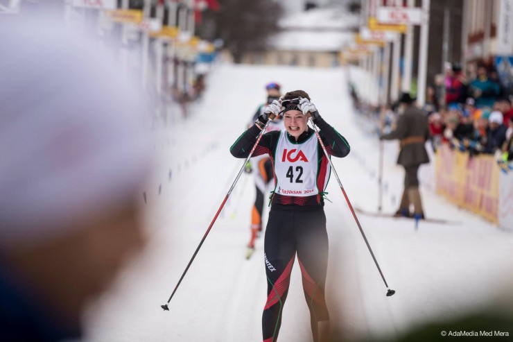 Sofia Henriksson sheds tears at the finish of final year's Tjejvasan, an yearly all-female event in Sweden, which she won. (Photograph: Hälsningar Adam)