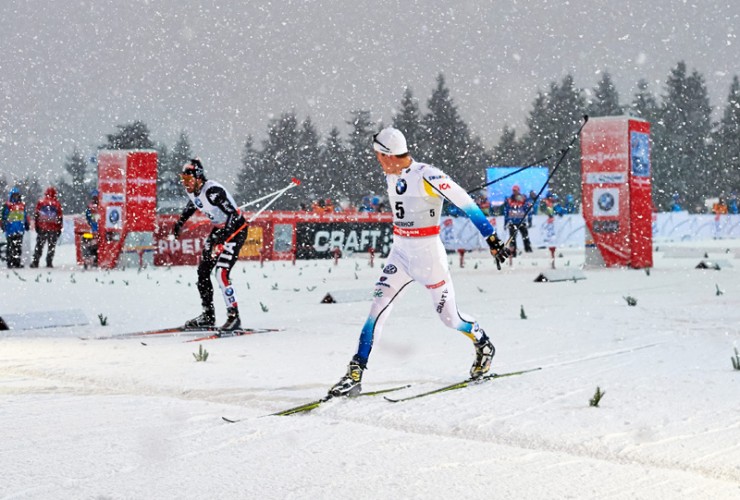 Swede's Calle Halfvarsson (front) edges Italy's Federico Pellegrino for the win in the person skate sprint at the 2013/2014 Tour de Ski in Oberhof, Germany. (Photograph: Felgenhauer/NordicFocus)