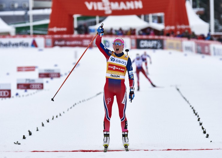 Norway's Therese Johaug celebrates her 14th Globe Cup victory in the ten k freestyle mass start off on Sunday in Falun, Sweden. Johaug led her teammates Heidi Weng and Astrid Uhrenholdt Jacobsen in a Norwegian podium sweep and American Jessie Diggins positioned fourth. (Photo: Fischer/NordicFocus)