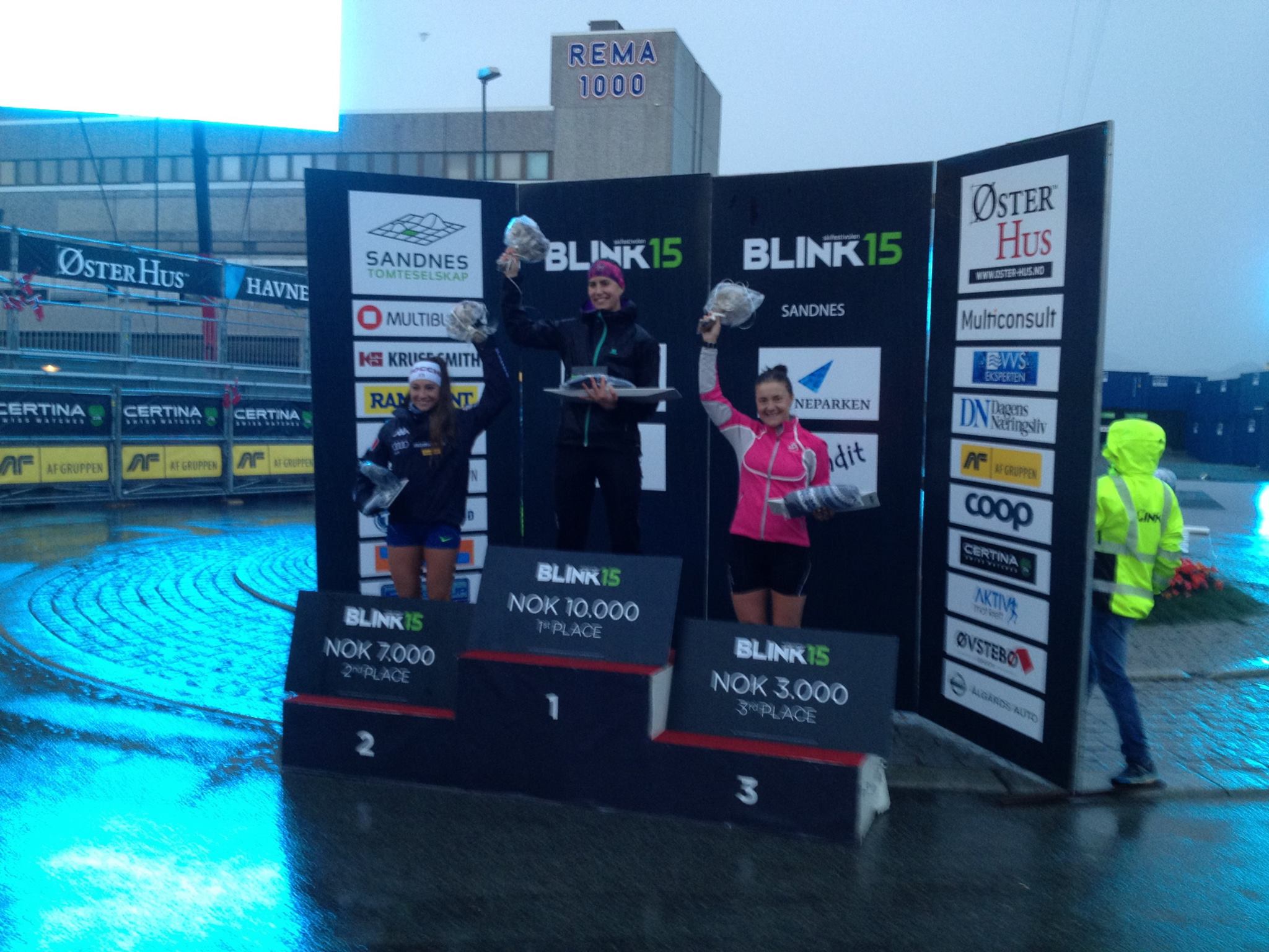 Canada's Rosanna Crawford atop the podium at the Blink festival. Her win in the biathlon last netted her 10,000 Norwegian crowns, equivalent to about $  1,600 Canadian. (Photograph: Matthias Ahrens)