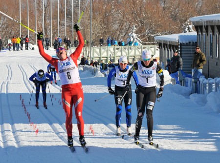 Jennie Bender (CXC) raising her arms in triumph in an emotional win in the traditional sprint at U.S. Nationals. Photo: USSA.