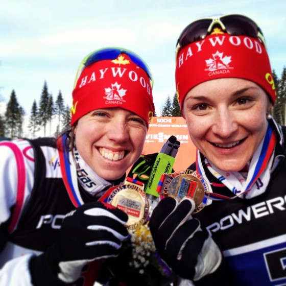 Canadians Perianne Jones and Dasha Gaiazova celebrate their first bronze of the season, and together, in the Sochi World Cup classic team sprint. (Photo: Chandra Crawford)