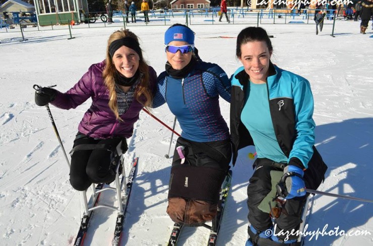 U.S. para skiers (left to appropriate) Brittany Fisher, Oksana Masters, and Joy Rondeau at 2016 U.S. Paralympics Sit Ski Nationals and IPC Continental Cup. (Photograph: John Lazenby/Lazenbyphoto.com)