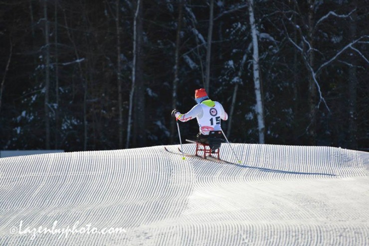 Canadian para athlete Yves Bourque, of Quebec, a veteran of the 2014 Sochi Paralympics, skiing in Craftsbury, Vt., at 2016 U.S. Paralympics Sit Ski Nationals and IPC Continental Cup from Jan. 6-9. (Photograph: John Lazenby/Lazenbyphoto.com)