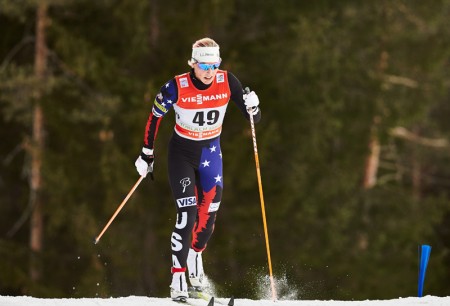 Kikkan Randall racing in the five k classic in the fourth stage of the 2015 Tour de Ski (Photo: Fischer/Nordic Emphasis) 