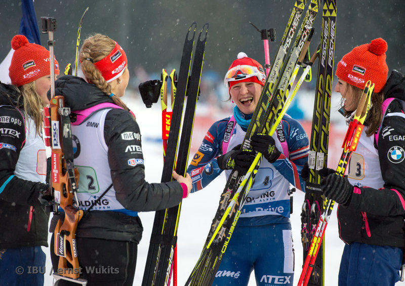 The Czech Republic women's four x six k crew celebrates its second-straight relay win on Thursday at the IBU Planet Cup in Ruhpolding, Germany. (Photograph: IBU/Ernst Wukits)