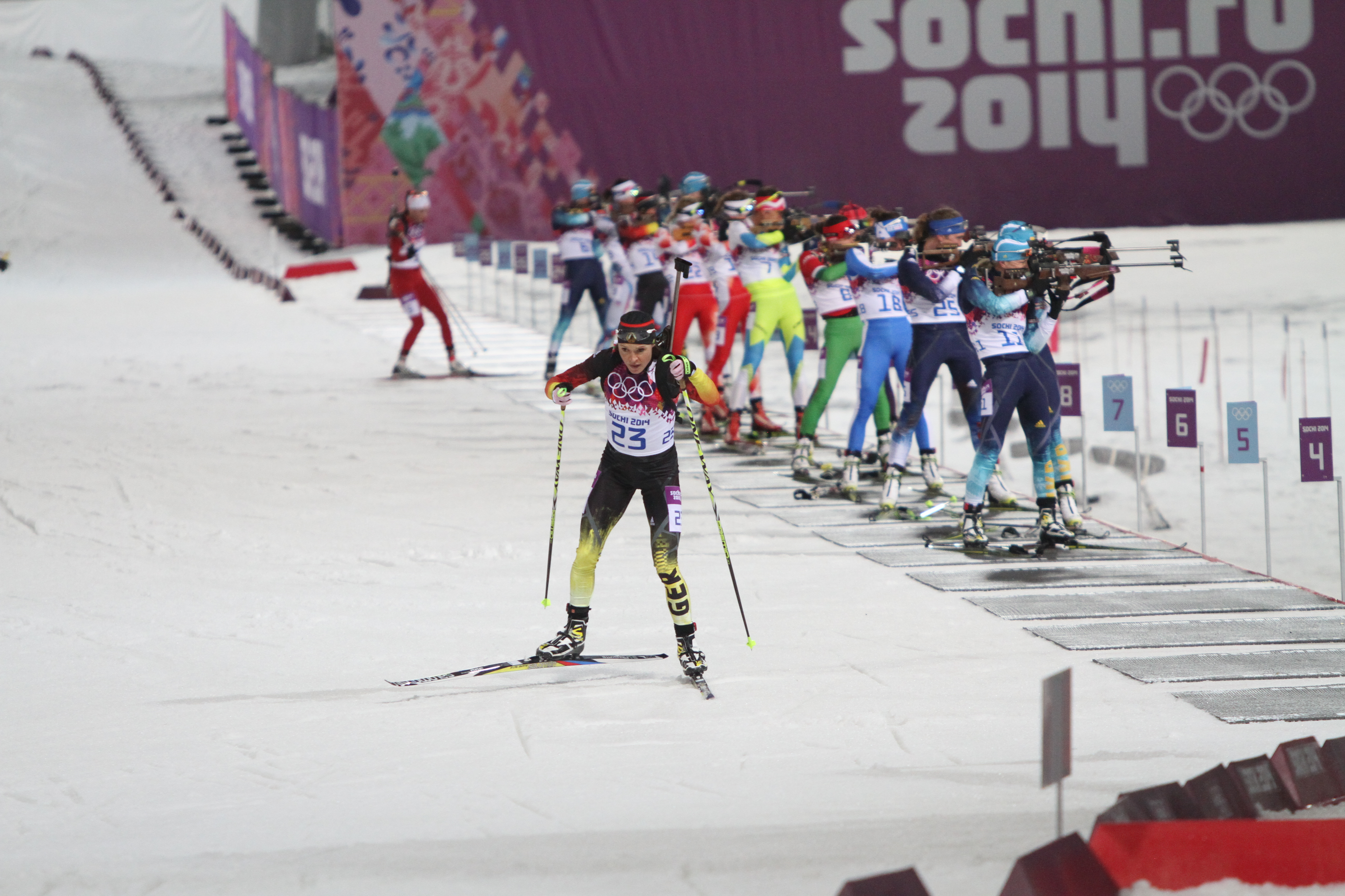 Germany's Evi Sachenbacher-Stehle leaving the selection for the duration of the 2014 Olympic mass commence race. She positioned fourth, but was later on disqualified following testing positive for a banned stimulant.