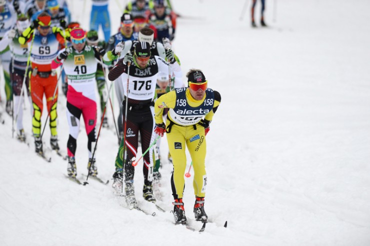 Robin Bryntesson, in bib forty, skiing the Vasaloppet this winter.