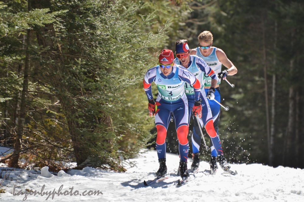 Left to right: Noah Hoffman of Ski and Snowboard Club Vail, Tad Elliott also of Ski and Snowboard Club Vail, and Erik Bjornsen of Alaska Pacific University for the duration of the men's 50 k at 2016 U.S. Distance Nationals on Saturday in Craftsbury, Vt. (Photo: John Lazenby/Lazenbyphoto.com)