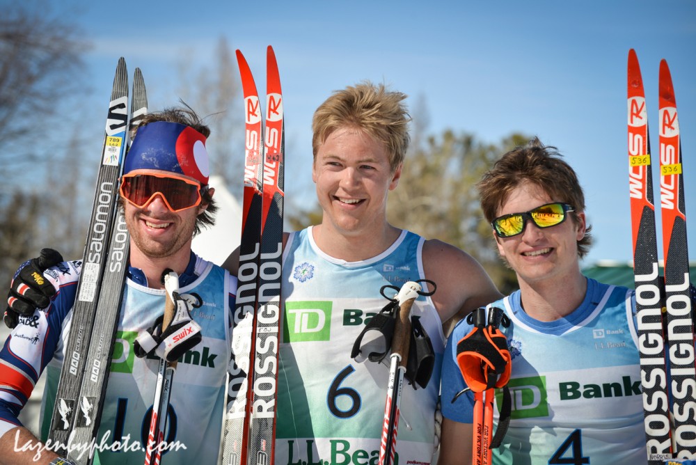 Race winner Erik Bjornsen (center) of Alaska Pacific University with secon location finisher Tad Elliott of Ski and Snowboard Club Vail (l) and third area finisher Daivd Norris of Alaska Pacific University right after the men's 50 k at 2016 U.S. Distance Nationals on Saturday in Craftsbury, Vt. (Photo: John Lazenby/Lazenbyphoto.com)