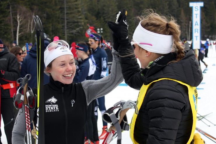 Cambria McDermott, fourth spot and best American finisher in the 2015 NCAA Championship 5 k, substantial fives Montana State University Head Coach Kristina Trygstad-Saari. 