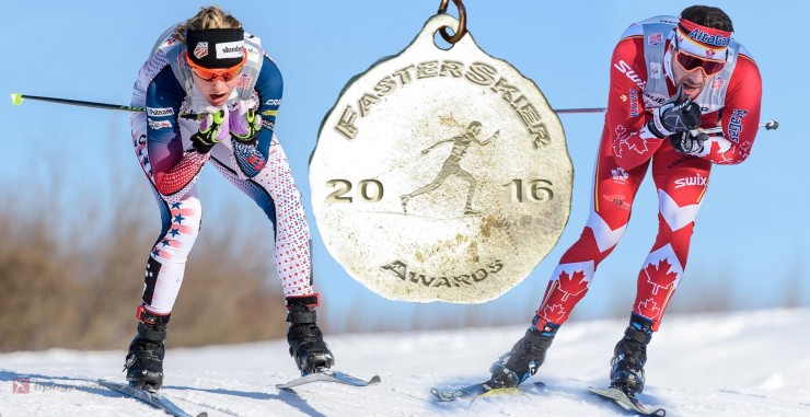 Jessie Diggins (l) of the U.S. Ski Staff and Alex Harvey (Canadian Globe Cup Group) are FasterSkier's Cross-Country Skiers of the Yr. (Photos: FlyingPointRoad.com)